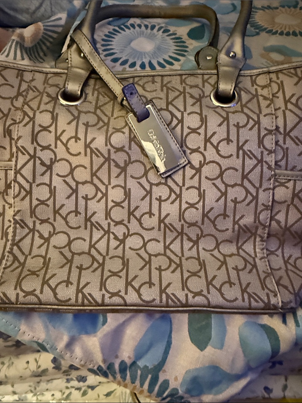 Calvin Klein Taupe Monogram Shoulder Tote with Metallic Trim